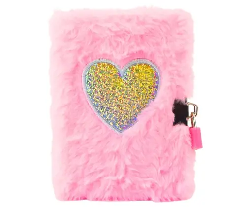 Plush Diary Notebook with Padlock and 2 Keys Heart Pink A6 80 Sheets