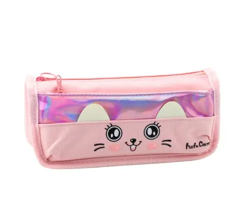 School Pencil Case With Cat Two Pockets Pink 21.5cm