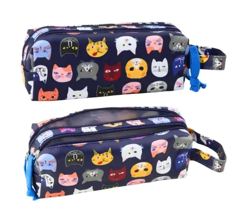 School Pencil Case Colorful Cats Two Pockets Navy Blue 22cm