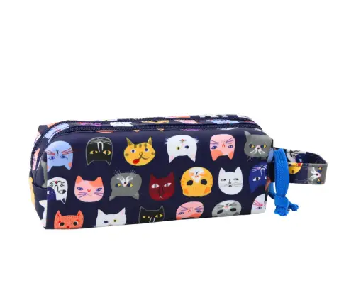 School Pencil Case Colorful Cats Two Pockets Navy Blue 22cm