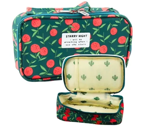 School Pencil Case Organizer Roomy Additional Pocket Cherries Green 21.5cm