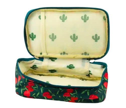 School Pencil Case Organizer Roomy Additional Pocket Cherries Green 21.5cm