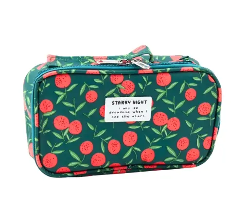 School Pencil Case Organizer Roomy Additional Pocket Cherries Green 21.5cm