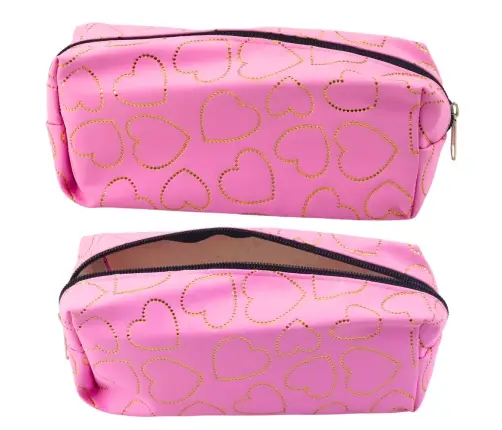 School Office Pencil Case Single Compartment Golden Hearts Pink 20x8 cm