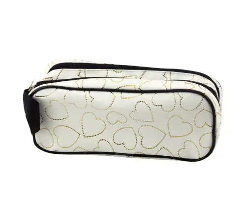 School Office Pencil Case, Two-Compartment, Golden Hearts, White, 23.5x10 cm