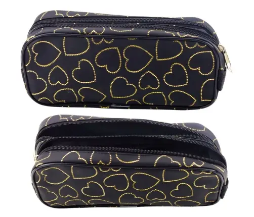 School Office Pencil Case, Two-Compartment, Golden Hearts, Black, 23.5x10 cm