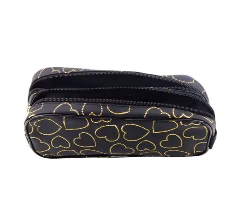 School Office Pencil Case, Two-Compartment, Golden Hearts, Black, 23.5x10 cm