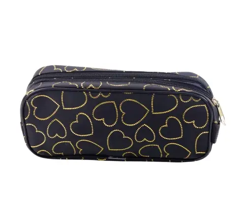 School Office Pencil Case, Two-Compartment, Golden Hearts, Black, 23.5x10 cm