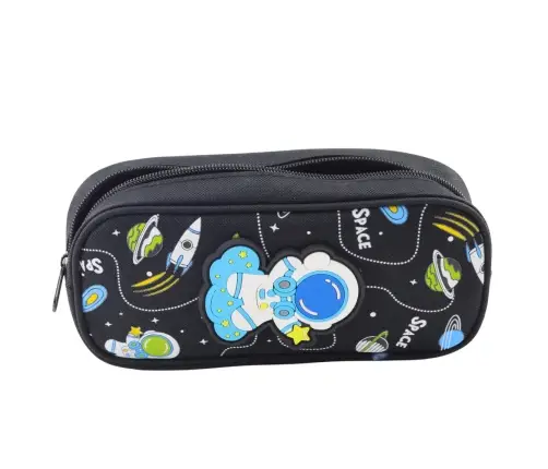 School Pencil Case Space Cosmonaut Two Pockets Black