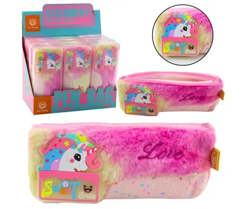 Plush Unicorn Pencil Case with Shiny Pink Unicorn Elements