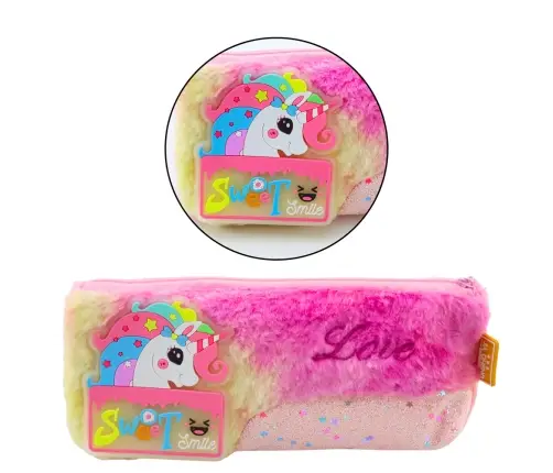 Plush Unicorn Pencil Case with Shiny Pink Unicorn Elements