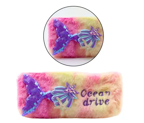 Plush Pencil Case With Mermaid Tail Sequins Pink Purple