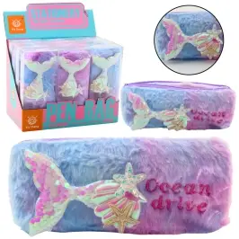 Plush Pencil Case With Mermaid Tail Sequins Purple Blue