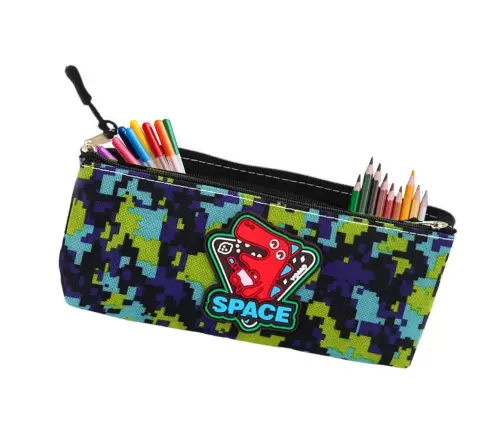 Pencil Case Space Dinosaur Pixels Blue Green 20x8cm
