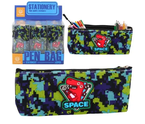 Pencil Case Space Dinosaur Pixels Blue Green 20x8cm