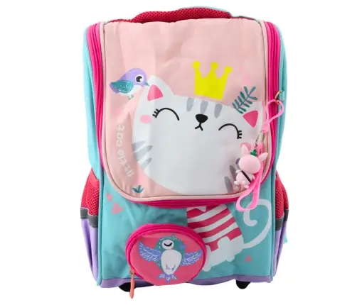 School Backpack White Cat Bag With Bird Pendant 21L