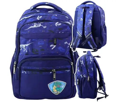 School Backpack Dinosaurs Patch T-Rex Chest Strap Navy Blue 20L