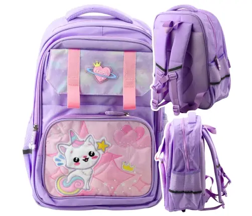 School Backpack With White Cat Chest Strap Purple 20L