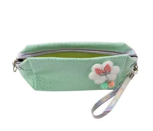 Pencil Case Cosmetic Bag Bow Shimmering Particles Turquoise Mint