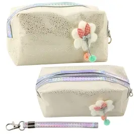 Pencil Case Cosmetic Bag Bow Shimmering Particles Beige