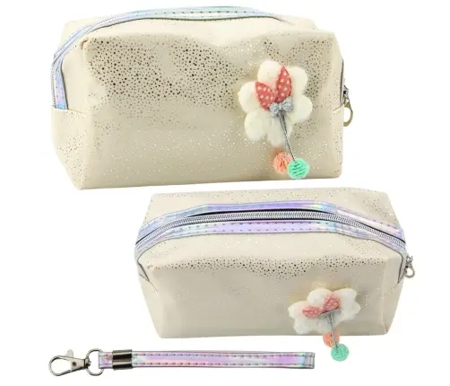 Pencil Case Cosmetic Bag Bow Shimmering Particles Beige