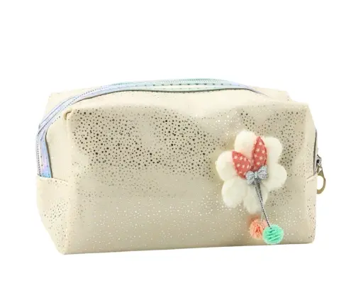 Pencil Case Cosmetic Bag Bow Shimmering Particles Beige