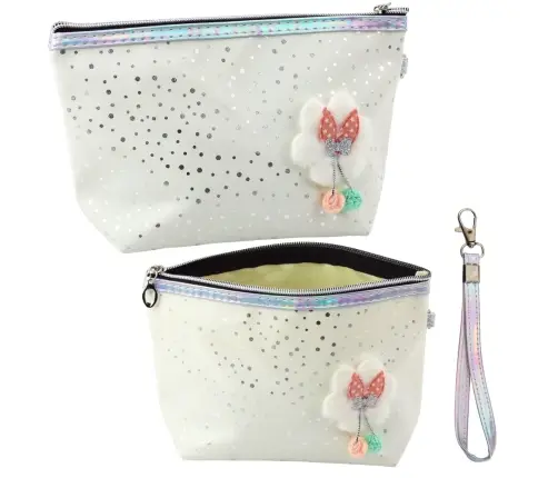Pencil Case Cosmetic Bag Bow Shiny Dots White 23x16cm
