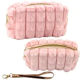 Plush Cosmetic Bag With Handle Roomy Pink 20cm Plush Cosmetic Bag With Handle Roomy Pink 20cm