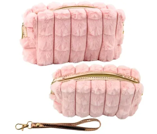 Plush Cosmetic Bag With Handle Roomy Pink 20cm
