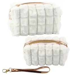 Plush Cosmetic Bag With Handle Roomy White 20cm