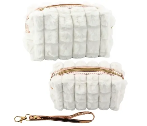Plush Cosmetic Bag With Handle Roomy White 20cm
