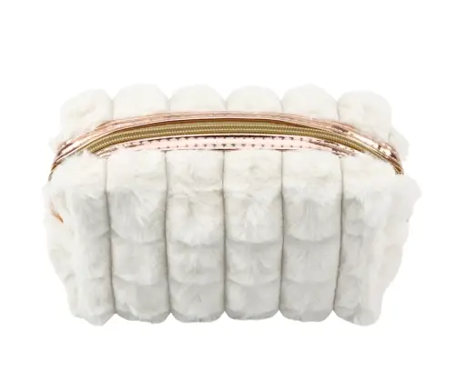 Plush Cosmetic Bag With Handle Roomy White 20cm