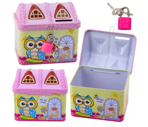 Piggy Bank Metal Owl House Padlock Keys Pink