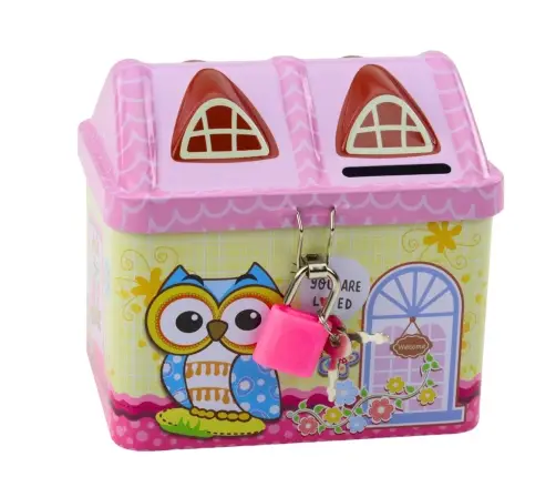 Piggy Bank Metal Owl House Padlock Keys Pink