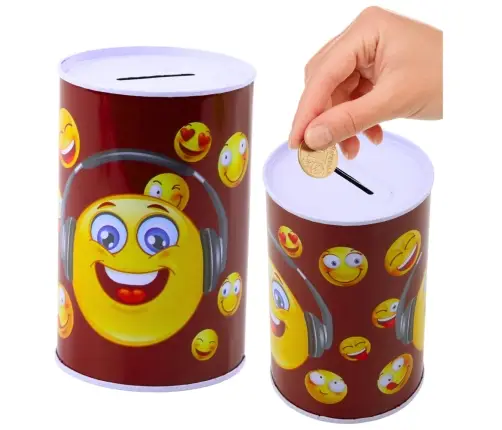 Metal Piggy Bank Emoticons Blue Brown 13 x 8cm