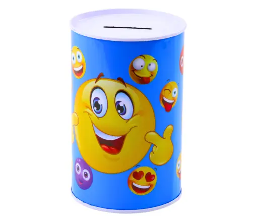 Metal Piggy Bank Emoticons Blue Brown 13 x 8cm