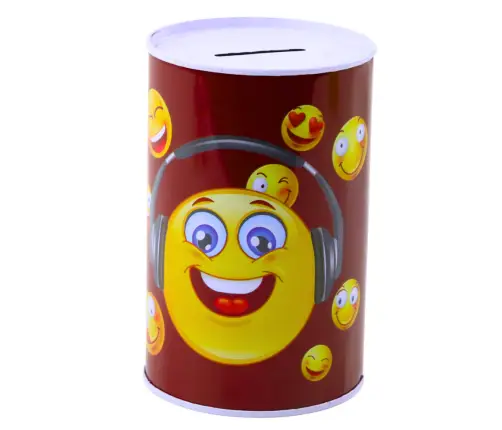 Metal Piggy Bank Emoticons Blue Brown 13 x 8cm