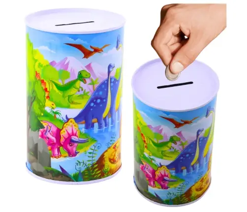 Sparschwein mit Dinosauriern, Metall, bunt, 13 x 8 cm