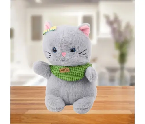 Plush Mascot Cuddly Toy Cat Gray Green Scarf Bow 22cm