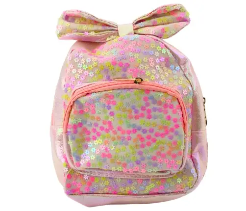 Children's Backpack With Sequins, Flowers, Bow, Light Pink, 22cm, 2.8L