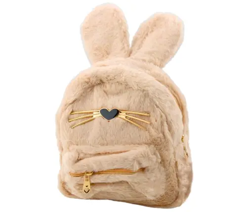 Children's Backpack Furry Plush Rabbit Ears Nose Whiskers Beige 3L 22cm