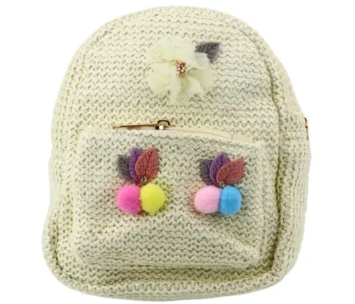 Children's Backpack Embroidered Pompoms Colorful Cream 20cm 2.5L