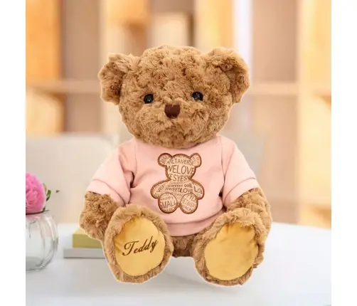 Plush Mascot Cuddly Toy Teddy Bear In Pink T-shirt Brown 30cm