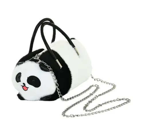 Plush Panda Bag Handles Metal Chain Black White 20cm