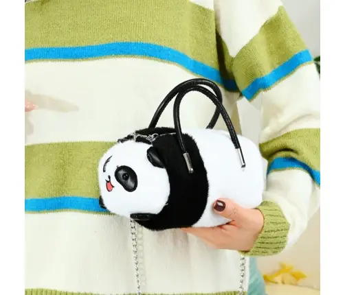 Plush Panda Bag Handles Metal Chain Black White 20cm