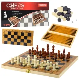 Classic 3-in-1 Logic Game Chess Checkers Backgammon Wooden