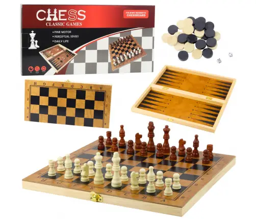 Classic 3-in-1 Logic Game Chess Checkers Backgammon Wooden