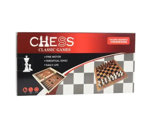 Classic 3-in-1 Logic Game Chess Checkers Backgammon Wooden