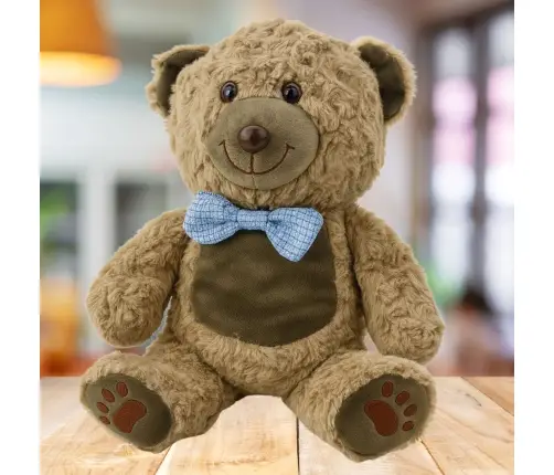 Plush Toy Teddy Bear Blue Bow Tie Light Brown 30cm