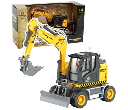 Wheel Excavator With Bulldozer Metal Huina Yellow 1:50